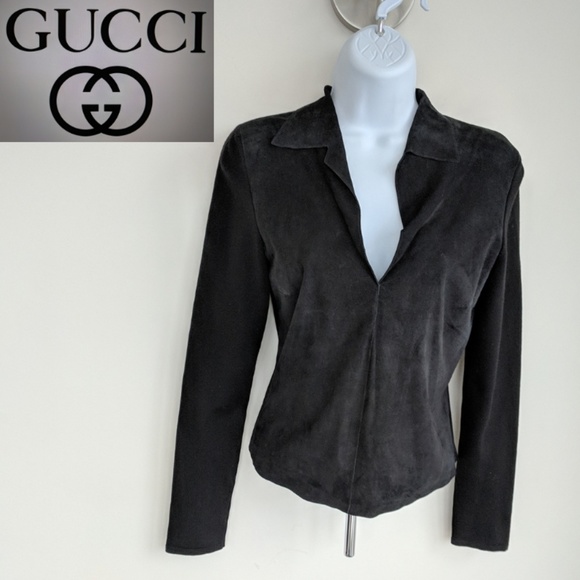 GUCCI Black SUEDE & cashmere v-neck knit top - Picture 4 of 8